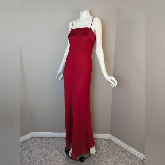Vintage 90s Red Bias Cut Slip Dress by Jump Satin Sheer Overlay Spaghetti Strap - Picture 1 of 11